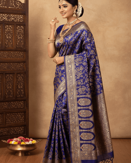 Pure Katan Silk Meenakari Pattu Saree | Golden & Silver Zari Work | 25 Styles - Rosepetals Luxe