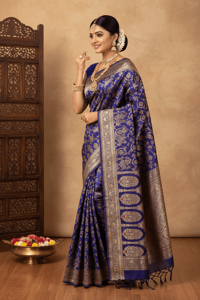 Pure Katan Silk Meenakari Pattu Saree | Golden & Silver Zari Work | 25 Styles - Rosepetals Luxe