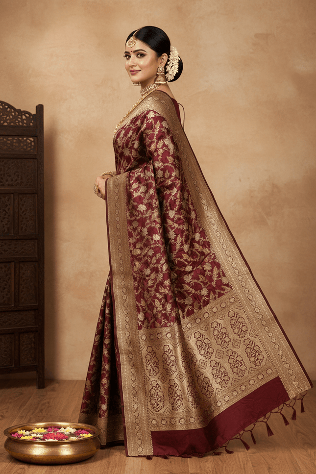 Pure Katan Silk Meenakari Pattu Saree | Golden & Silver Zari Work | 25 Styles - Rosepetals Luxe