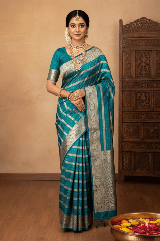 Pure Katan Silk Meenakari Pattu Saree | Golden & Silver Zari Work | 25 Styles - Rosepetals Luxe