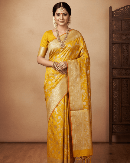 Pure Katan Silk Meenakari Pattu Saree | Golden & Silver Zari Work | 25 Styles - Rosepetals Luxe