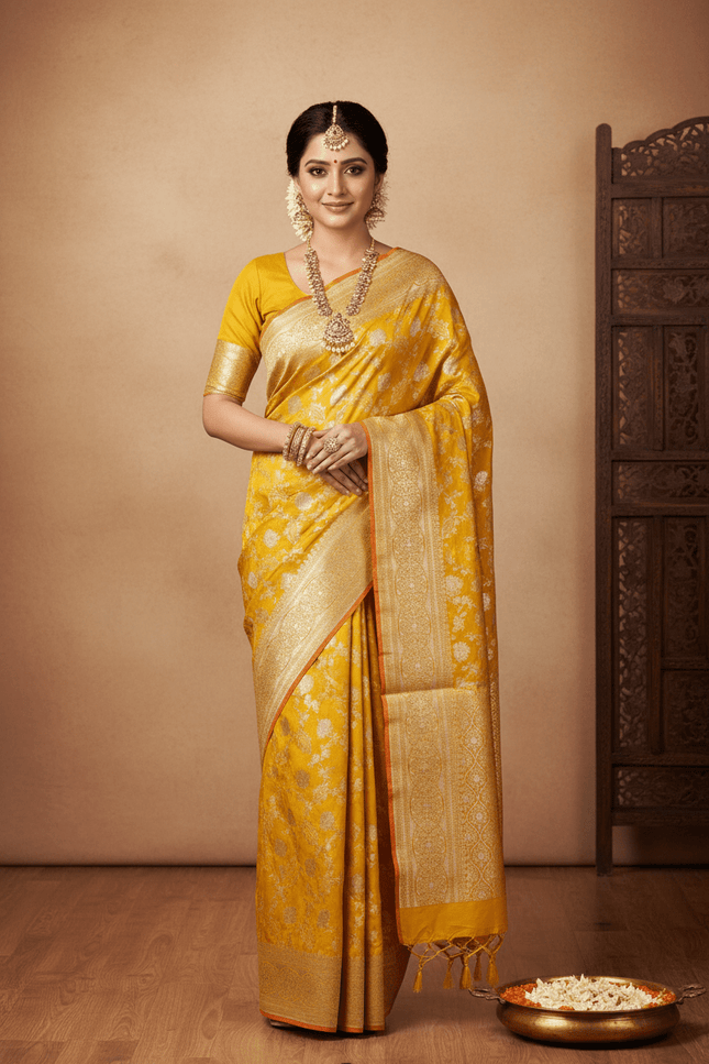 Pure Katan Silk Meenakari Pattu Saree | Golden & Silver Zari Work | 25 Styles - Rosepetals Luxe