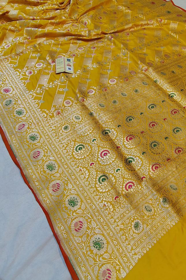 Pure Katan Silk Meenakari Pattu Saree | Golden & Silver Zari Work | 25 Styles - Rosepetals Luxe