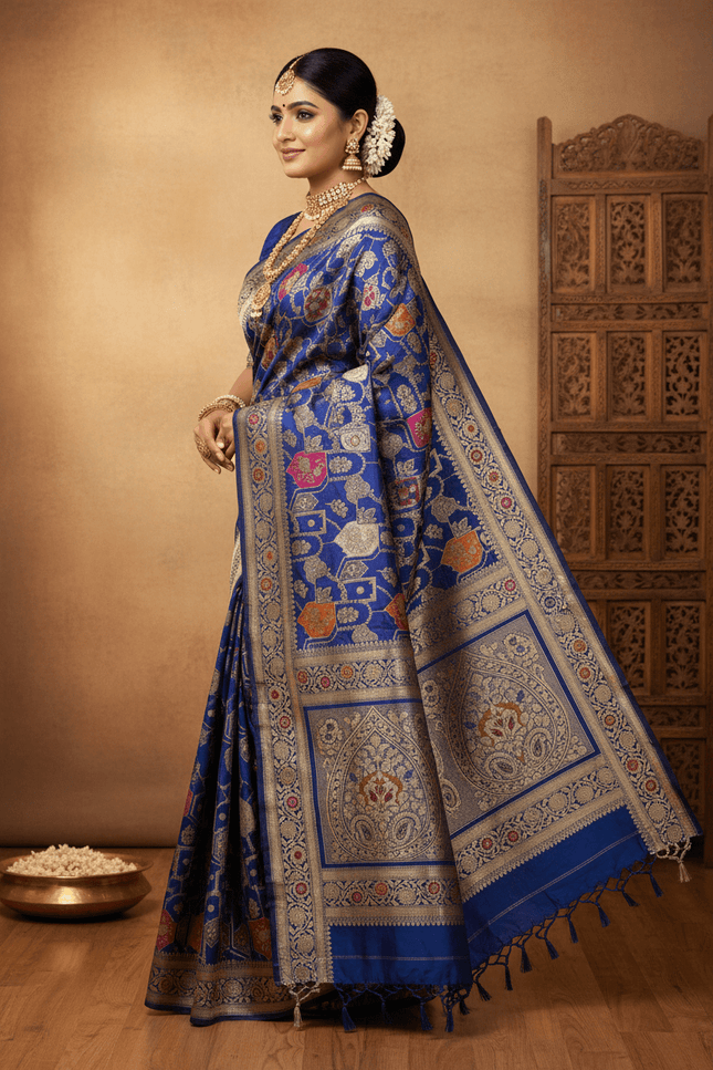Pure Katan Silk Meenakari Pattu Saree | Golden & Silver Zari Work | 25 Styles - Rosepetals Luxe