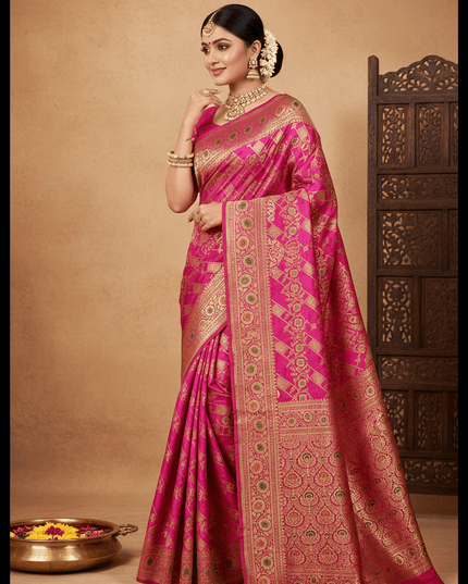 Pure Katan Silk Meenakari Pattu Saree | Golden & Silver Zari Work | 25 Styles - Rosepetals Luxe