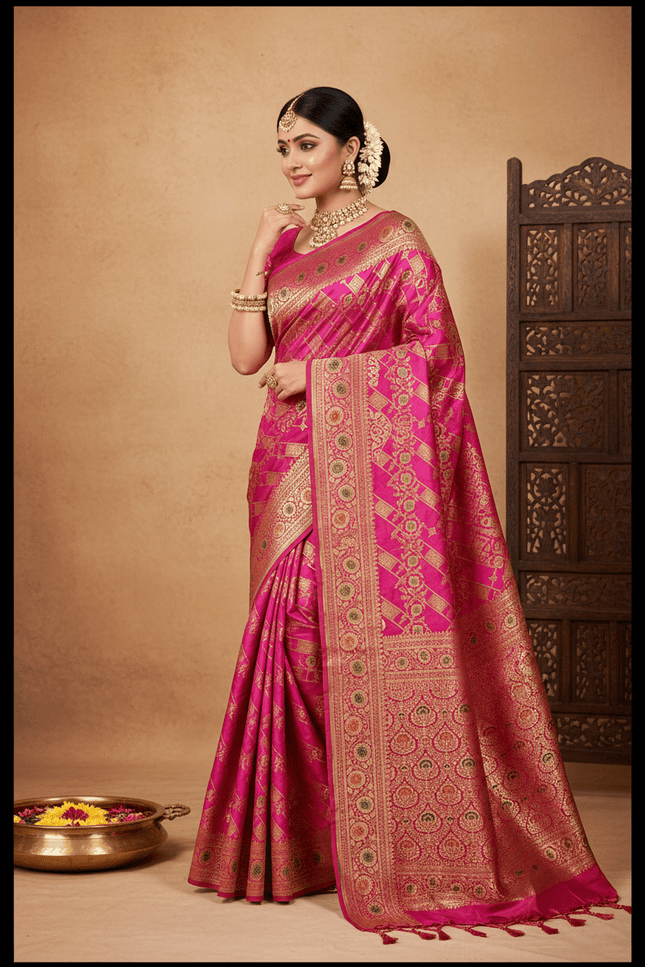 Pure Katan Silk Meenakari Pattu Saree | Golden & Silver Zari Work | 25 Styles - Rosepetals Luxe