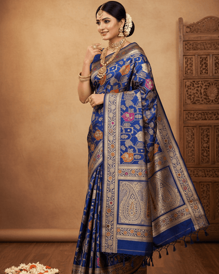 Pure Katan Silk Meenakari Pattu Saree | Golden & Silver Zari Work | 25 Styles - Rosepetals Luxe