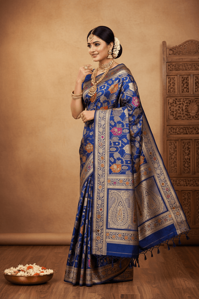 Pure Katan Silk Meenakari Pattu Saree | Golden & Silver Zari Work | 25 Styles - Rosepetals Luxe