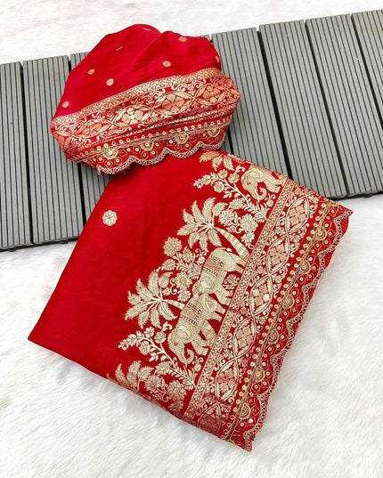 Pure Khaddi Dola Silk Bridal Saree with Blouse | Gold & Silver Zari Scallop Kanchi Border | 14 Red Shades - Rosepetals Luxe