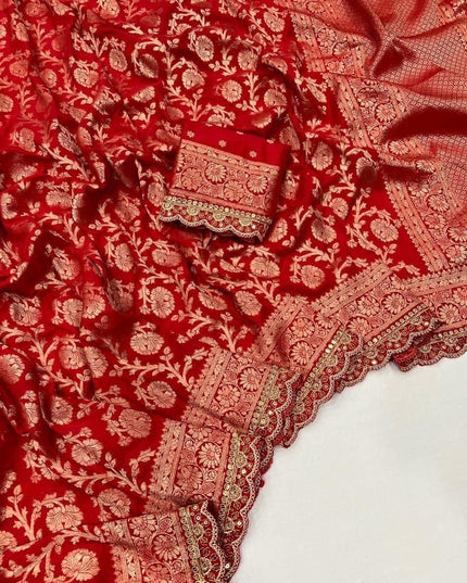 Pure Khaddi Dola Silk Bridal Saree with Blouse | Gold & Silver Zari Scallop Kanchi Border | 14 Red Shades - Rosepetals Luxe