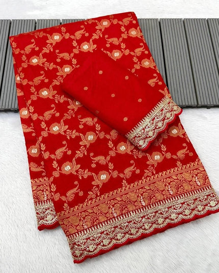 Pure Khaddi Dola Silk Bridal Saree with Blouse | Gold & Silver Zari Scallop Kanchi Border | 14 Red Shades - Rosepetals Luxe