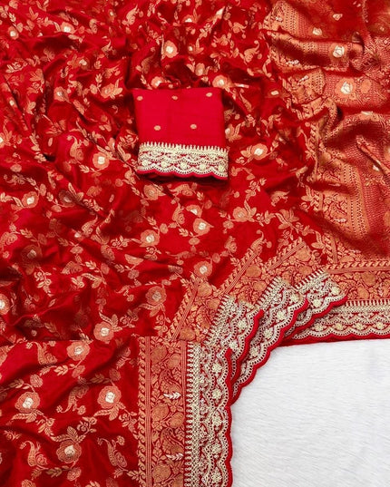 Pure Khaddi Dola Silk Bridal Saree with Blouse | Gold & Silver Zari Scallop Kanchi Border | 14 Red Shades - Rosepetals Luxe