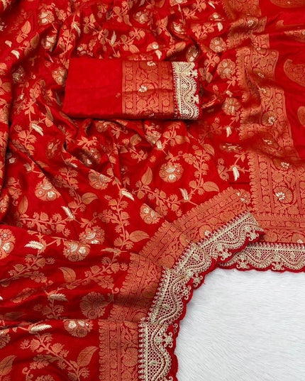Pure Khaddi Dola Silk Bridal Saree with Blouse | Gold & Silver Zari Scallop Kanchi Border | 14 Red Shades - Rosepetals Luxe