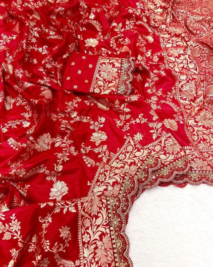 Pure Khaddi Dola Silk Bridal Saree with Blouse | Gold & Silver Zari Scallop Kanchi Border | 14 Red Shades - Rosepetals Luxe