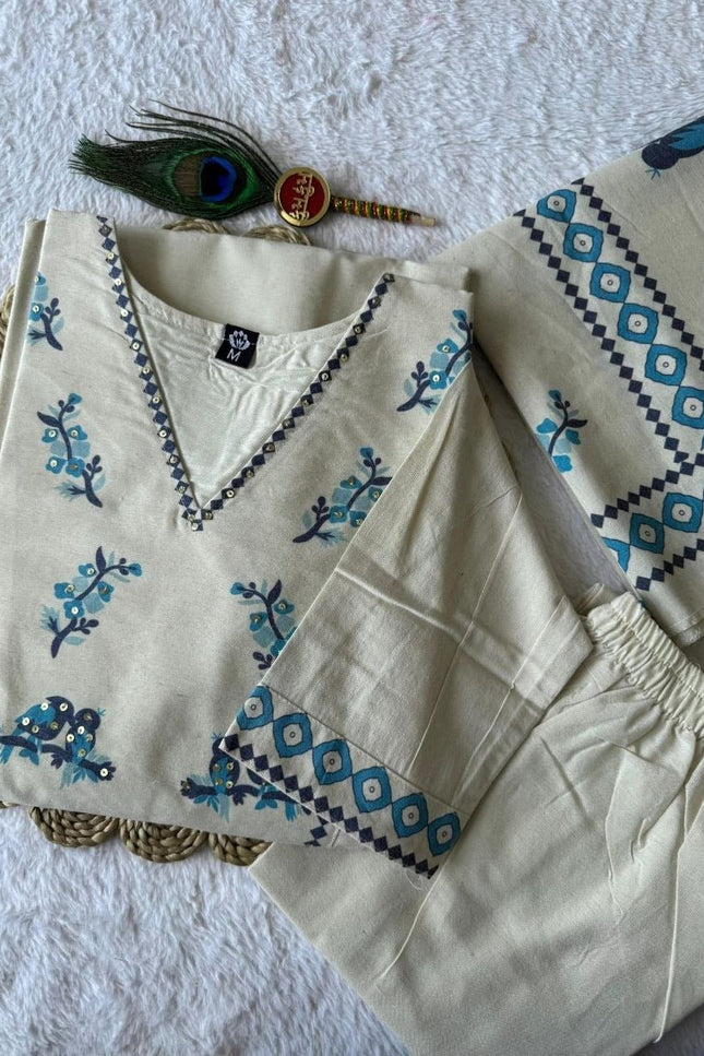 Pure Khadi Cotton Kurti Set | Digital Print & Sequence Work | With Dupatta - Rosepetals Luxe