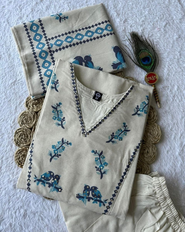 Pure Khadi Cotton Kurti Set | Digital Print & Sequence Work | With Dupatta - Rosepetals Luxe