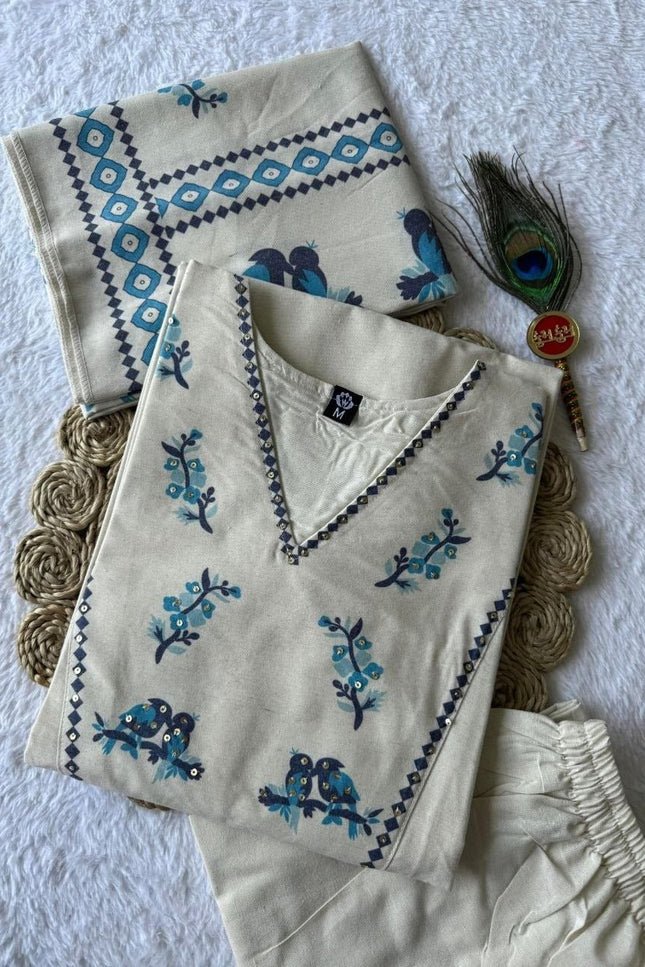 Pure Khadi Cotton Kurti Set | Digital Print & Sequence Work | With Dupatta - Rosepetals Luxe