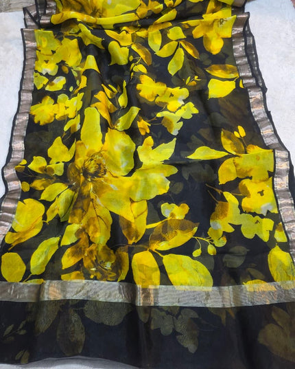 Pure Kora Organza Digital Floral Print Saree with Metallic Border - Rosepetals Luxe
