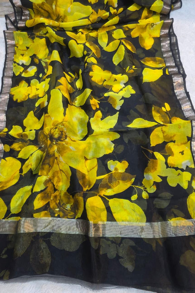 Pure Kora Organza Digital Floral Print Saree with Metallic Border - Rosepetals Luxe