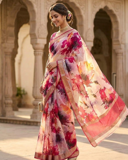 Pure Kora Organza Digital Floral Print Saree with Metallic Border - Rosepetals Luxe