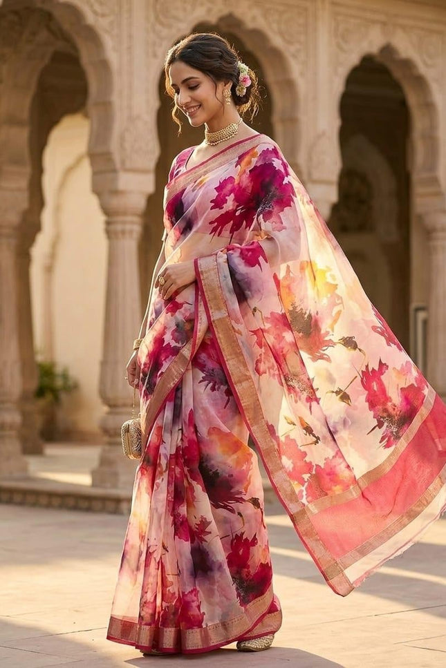 Pure Kora Organza Digital Floral Print Saree with Metallic Border - Rosepetals Luxe