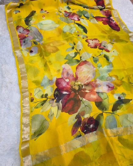 Pure Kora Organza Digital Floral Print Saree with Metallic Border - Rosepetals Luxe