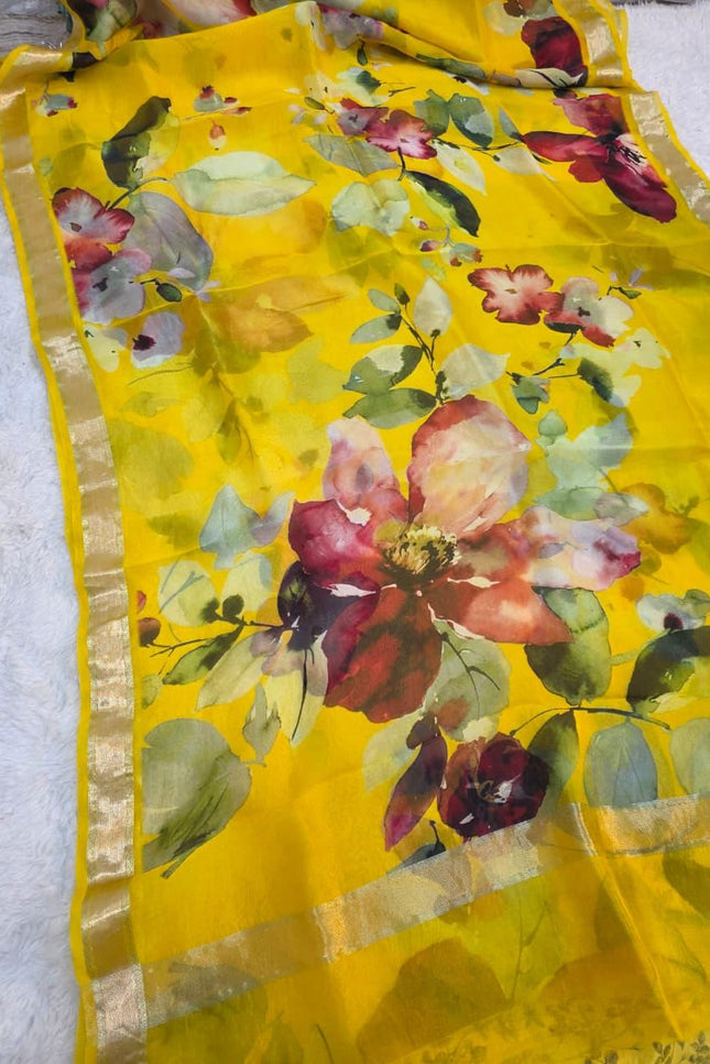 Pure Kora Organza Digital Floral Print Saree with Metallic Border - Rosepetals Luxe