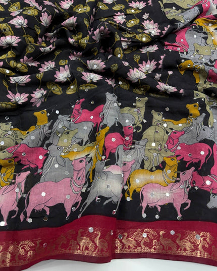 Pure Mangalgiri Viscose Silk Saree with 1600 OG Mirror Work | Designer Print & Lace Pallu | Festive Wedding Wear - Rosepetals Luxe