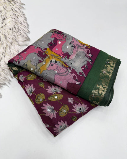 Pure Mangalgiri Viscose Silk Saree with 1600 OG Mirror Work | Designer Print & Lace Pallu | Festive Wedding Wear - Rosepetals Luxe