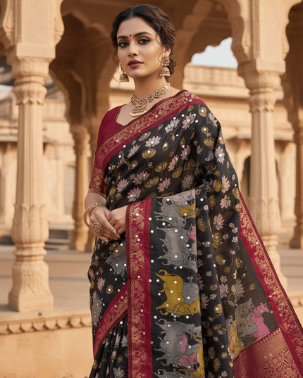 Pure Mangalgiri Viscose Silk Saree with 1600 OG Mirror Work | Designer Print & Lace Pallu | Festive Wedding Wear - Rosepetals Luxe