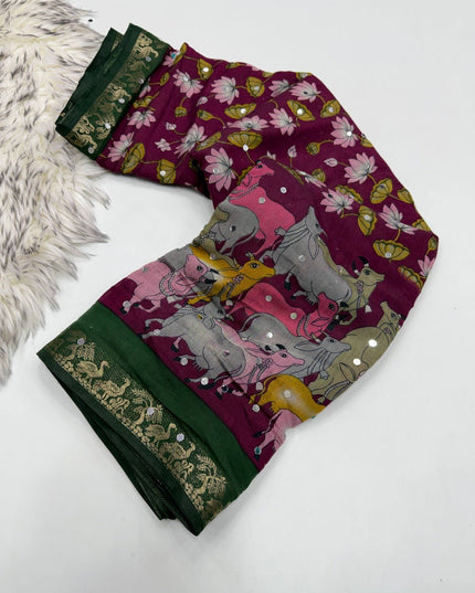 Pure Mangalgiri Viscose Silk Saree with 1600 OG Mirror Work | Designer Print & Lace Pallu | Festive Wedding Wear - Rosepetals Luxe