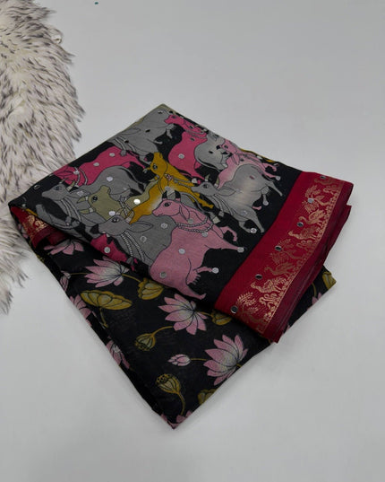 Pure Mangalgiri Viscose Silk Saree with 1600 OG Mirror Work | Designer Print & Lace Pallu | Festive Wedding Wear - Rosepetals Luxe