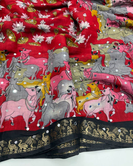 Pure Mangalgiri Viscose Silk Saree with 1600 OG Mirror Work | Designer Print & Lace Pallu | Festive Wedding Wear - Rosepetals Luxe