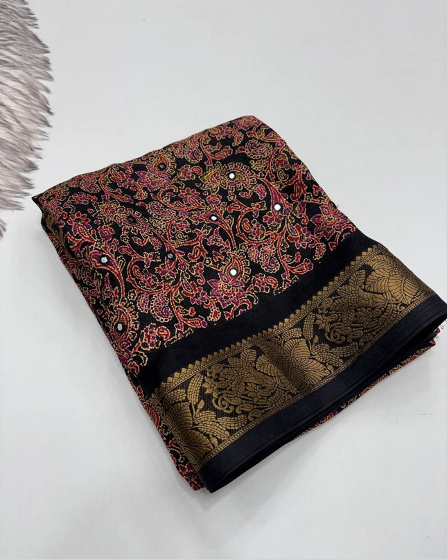 Pure Marsh Mellow Silk Saree with Digital Print, Aari Work & Rich With Heavy Fumka On Pallu - Rosepetals Luxe