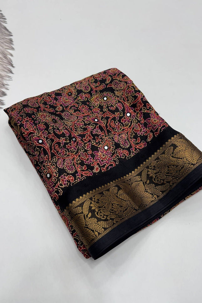 Pure Marsh Mellow Silk Saree with Digital Print, Aari Work & Rich With Heavy Fumka On Pallu - Rosepetals Luxe