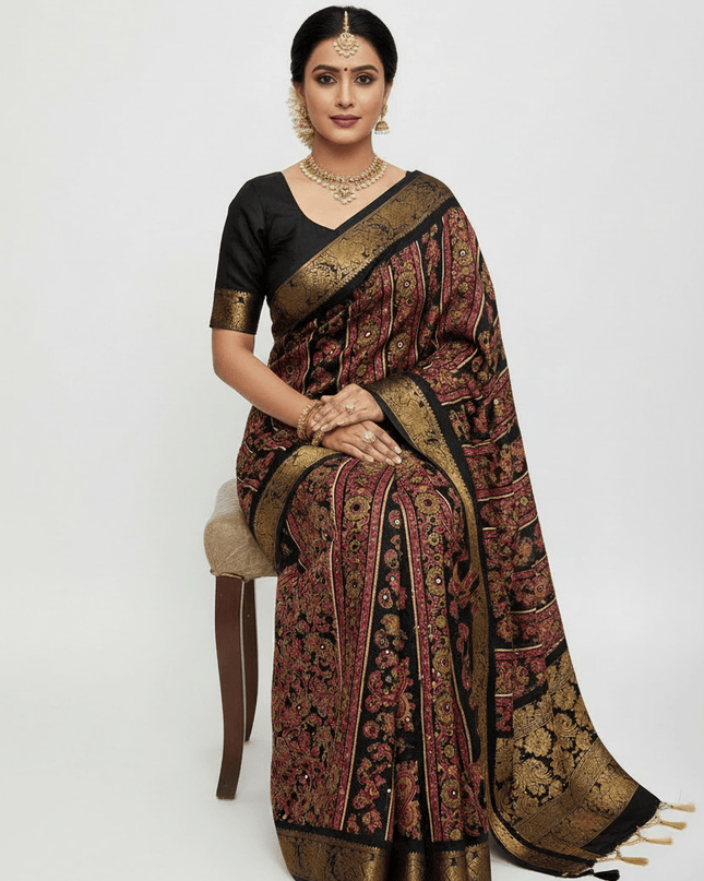 Pure Marsh Mellow Silk Saree with Digital Print, Aari Work & Rich With Heavy Fumka On Pallu - Rosepetals Luxe