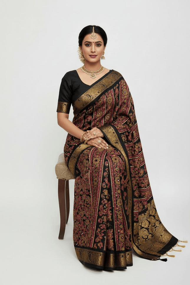 Pure Marsh Mellow Silk Saree with Digital Print, Aari Work & Rich With Heavy Fumka On Pallu - Rosepetals Luxe