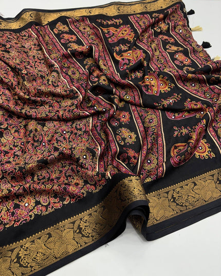 Pure Marsh Mellow Silk Saree with Digital Print, Aari Work & Rich With Heavy Fumka On Pallu - Rosepetals Luxe