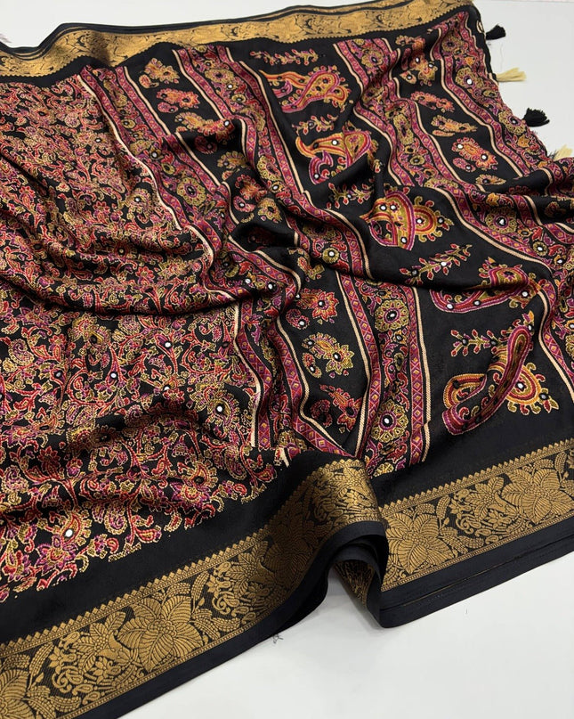 Pure Marsh Mellow Silk Saree with Digital Print, Aari Work & Rich With Heavy Fumka On Pallu - Rosepetals Luxe