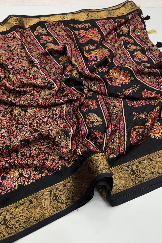 Pure Marsh Mellow Silk Saree with Digital Print, Aari Work & Rich With Heavy Fumka On Pallu - Rosepetals Luxe