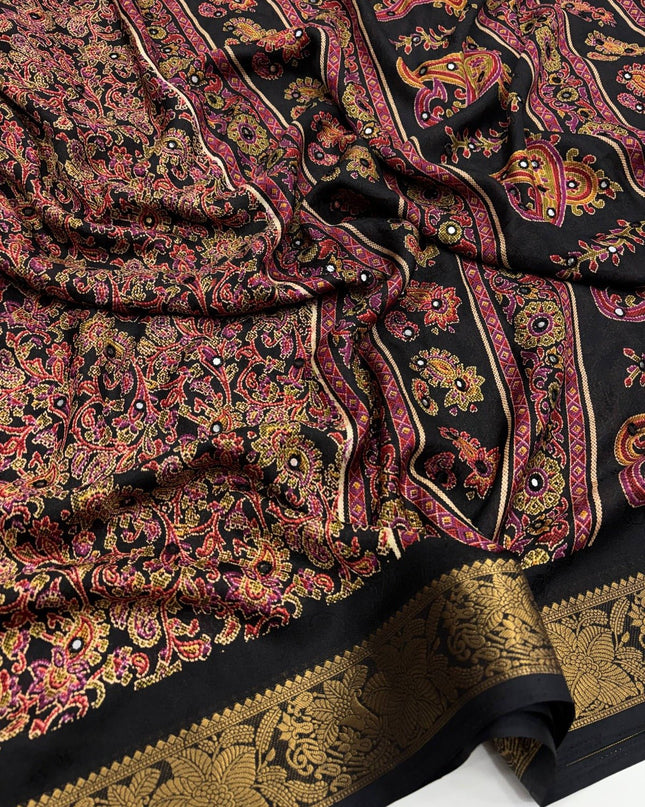 Pure Marsh Mellow Silk Saree with Digital Print, Aari Work & Rich With Heavy Fumka On Pallu - Rosepetals Luxe