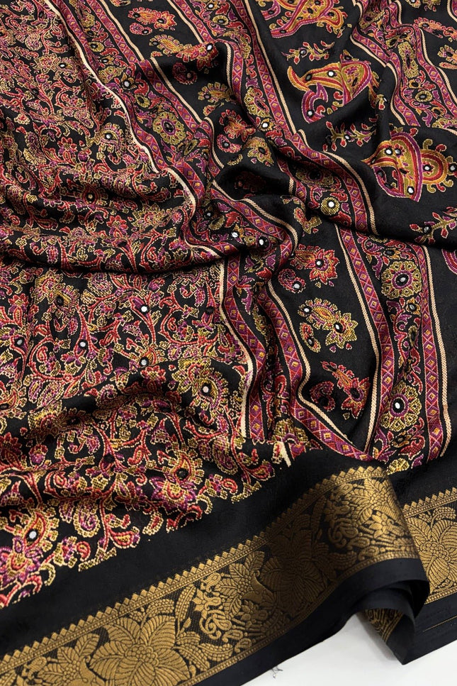 Pure Marsh Mellow Silk Saree with Digital Print, Aari Work & Rich With Heavy Fumka On Pallu - Rosepetals Luxe