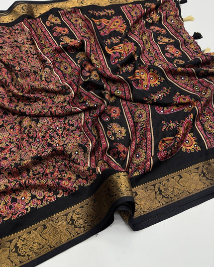 Pure Marsh Mellow Silk Saree with Digital Print, Aari Work & Rich With Heavy Fumka On Pallu - Rosepetals Luxe