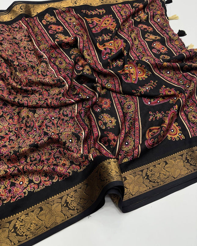 Pure Marsh Mellow Silk Saree with Digital Print, Aari Work & Rich With Heavy Fumka On Pallu - Rosepetals Luxe