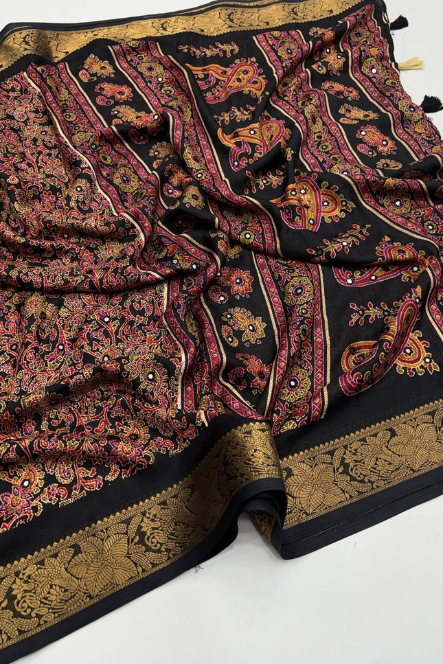 Pure Marsh Mellow Silk Saree with Digital Print, Aari Work & Rich With Heavy Fumka On Pallu - Rosepetals Luxe
