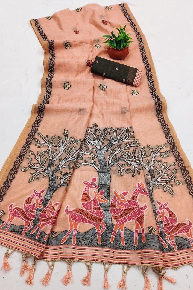 Pure Muga Cotton Saree | Minakari Weaving & Zari Border | Handloom Saree with Blouse Piece - Rosepetals Luxe