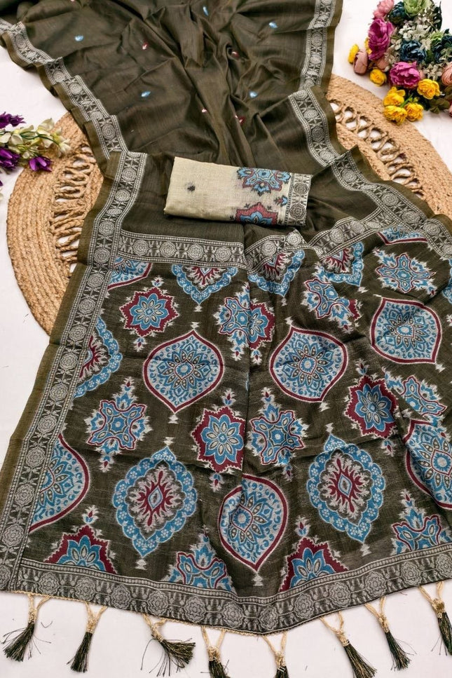 Pure Muga Cotton Saree | Minakari Weaving & Zari Border | Handloom Saree with Blouse Piece - Rosepetals Luxe