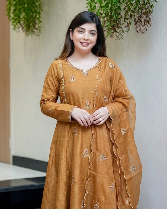 Pure Mul Chanderi 3 Piece Suit Set | Ethnic Wear - Rosepetals Luxe