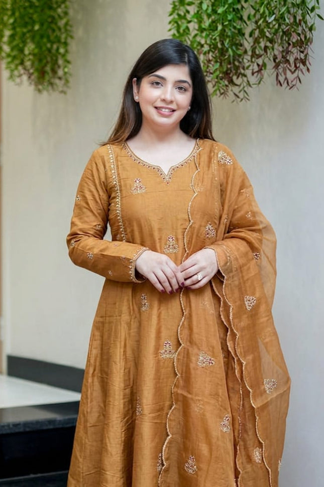 Pure Mul Chanderi 3 Piece Suit Set | Ethnic Wear - Rosepetals Luxe