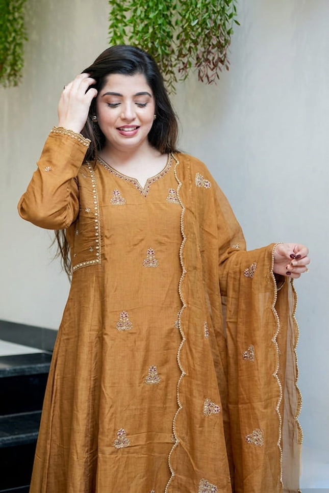 Pure Mul Chanderi 3 Piece Suit Set | Ethnic Wear - Rosepetals Luxe